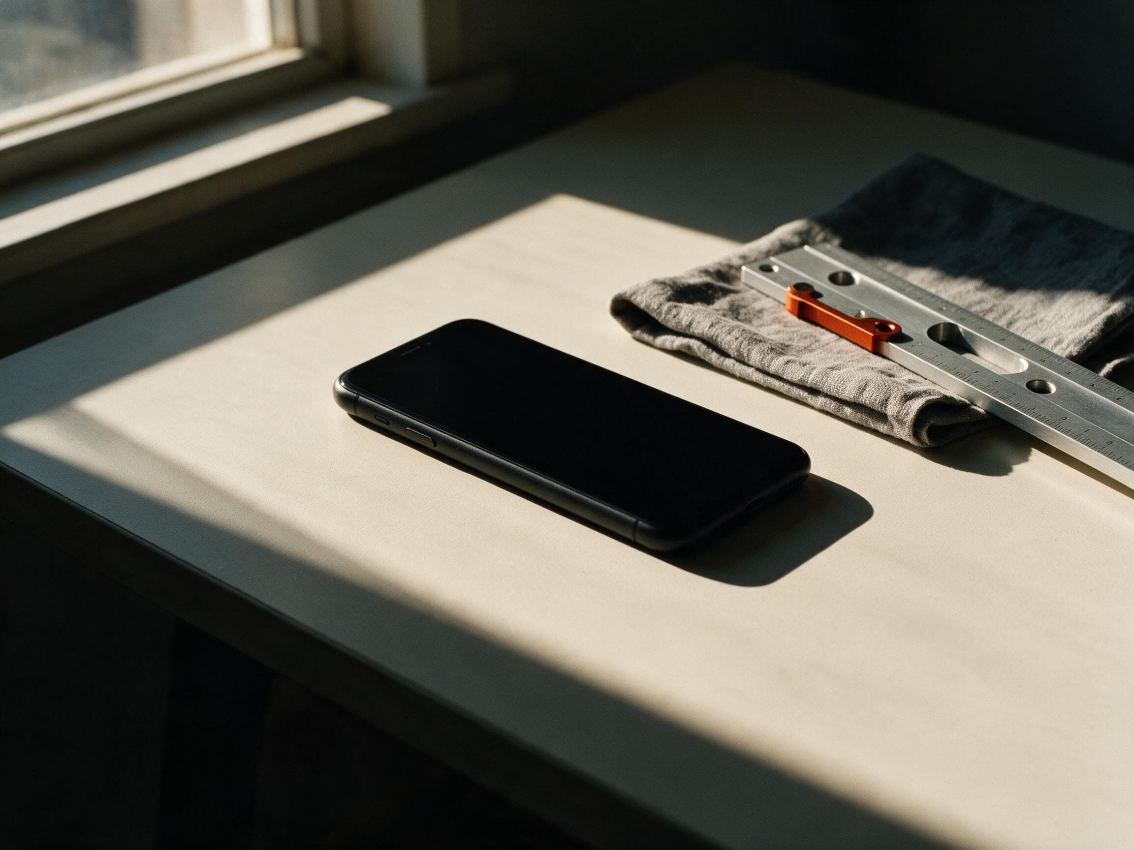 A matte black phone resting on a warm off-white desk in hard window light, beside an aluminium ruler.